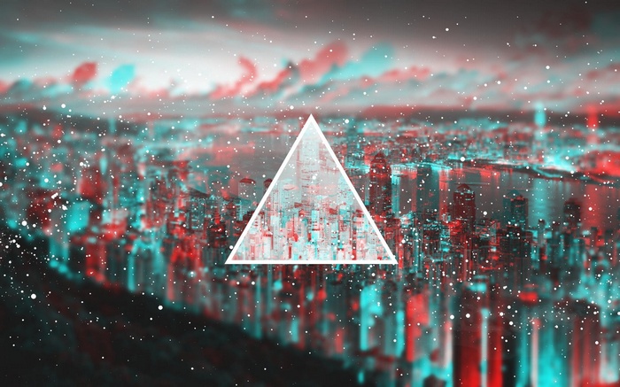 Anaglyph 3D Cityscape with Geometric Triangle Overlay