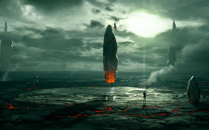 Science fiction landscape with floating rocks and lava
