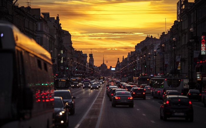 Traffic jam on a city street at sunset in St. Petersburg