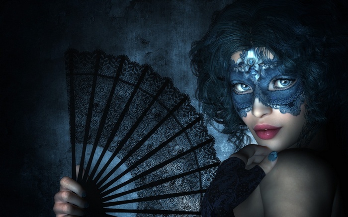 venetian masks, teal hair, fans, women