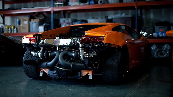 Modified twin-turbo Lamborghini Gallardo in a workshop
