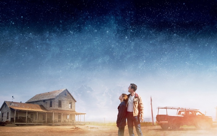 Interstellar movie poster with couple and house