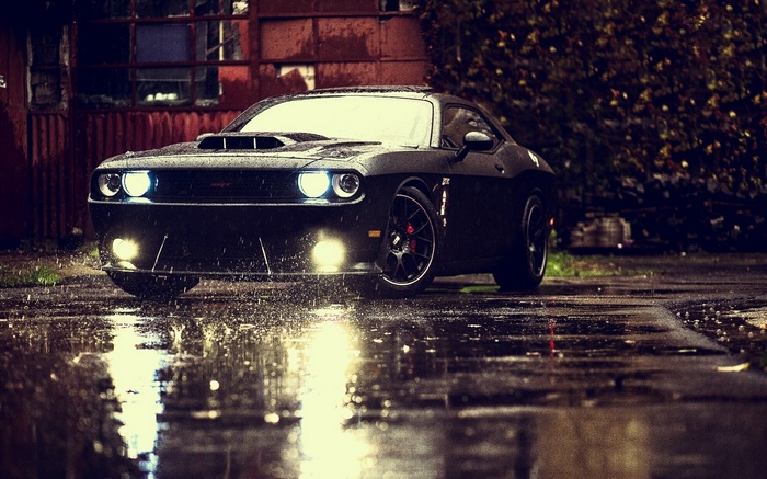 Black Dodge Challenger SRT Hellcat in the rain