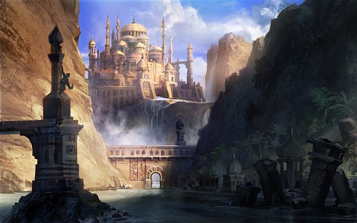 Fantasy castle with waterfalls and ruins