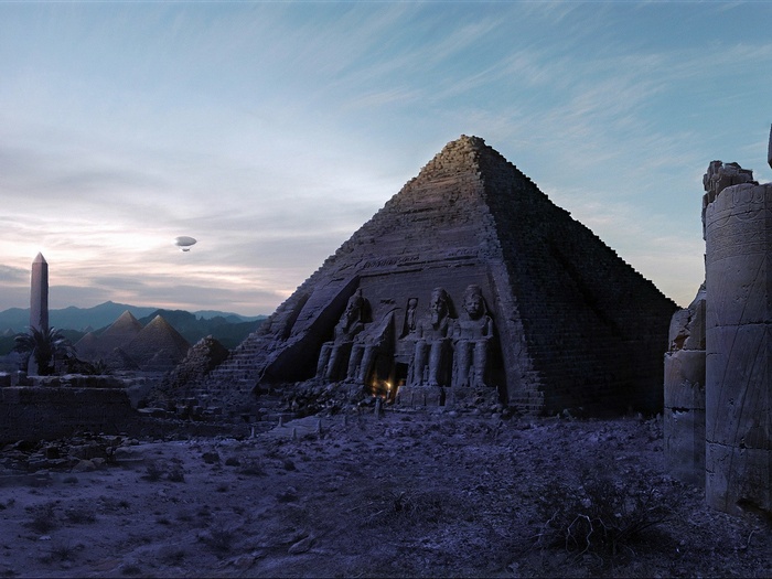 Ancient Egyptian Pyramids and Statues with a Blimp