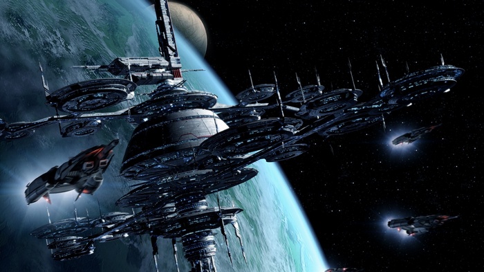 X3 space station with ships near a planet