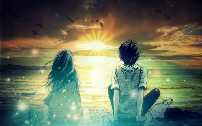 Anime couple watching sunset over the ocean