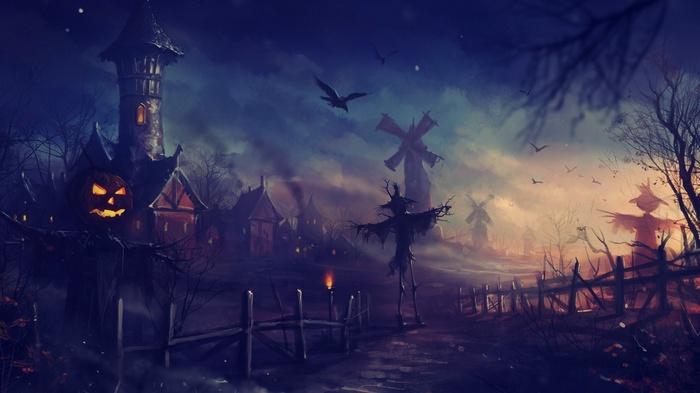 Spooky Halloween village with scarecrows and windmills