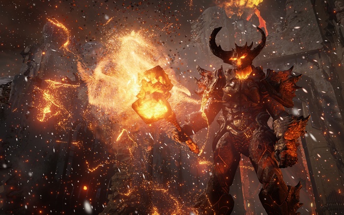 Demon with fiery hammer and armor
