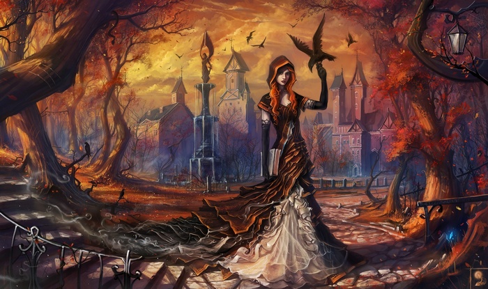 Woman with a crow in a fantasy village
