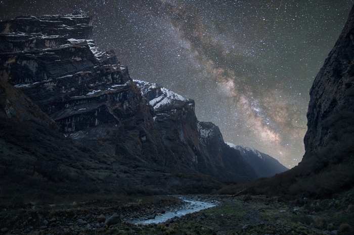 Milky Way over a mountain valley with a river