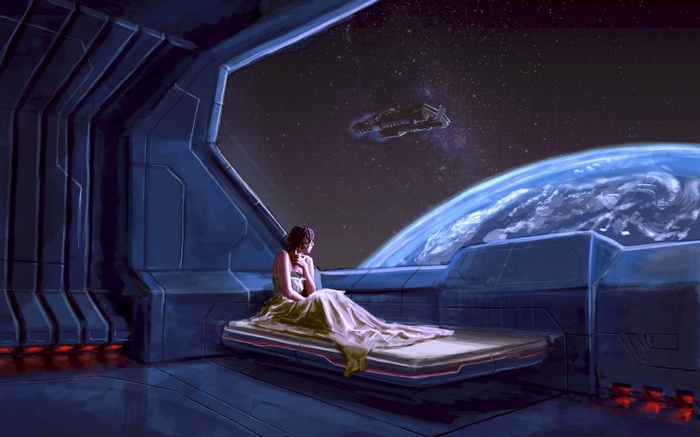 Woman in futuristic room looking at Earth and spaceship