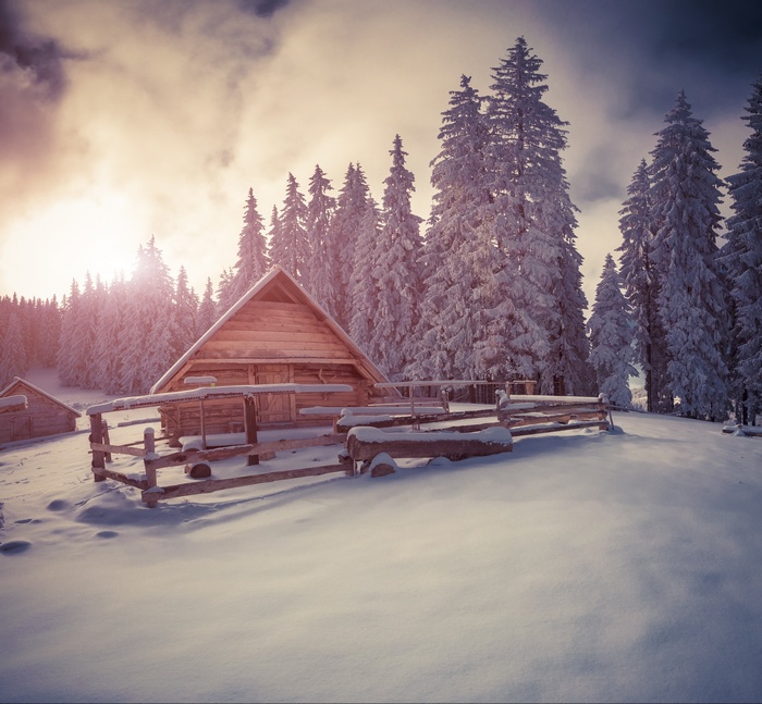 Wooden cabin in a snowy forest during winter
