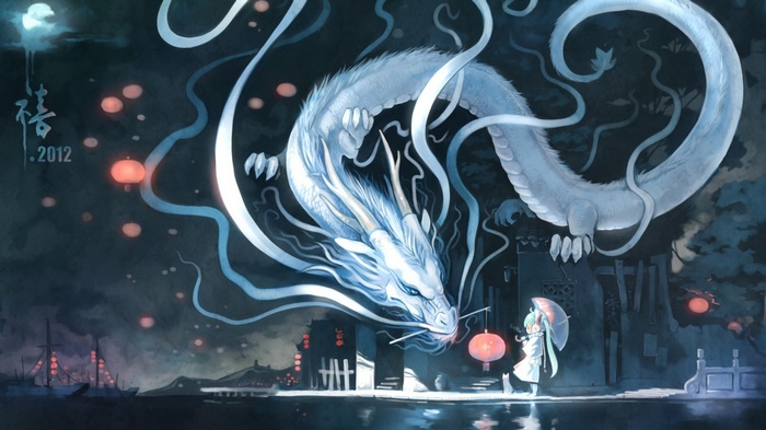 Hatsune Miku and a white dragon in a night scene