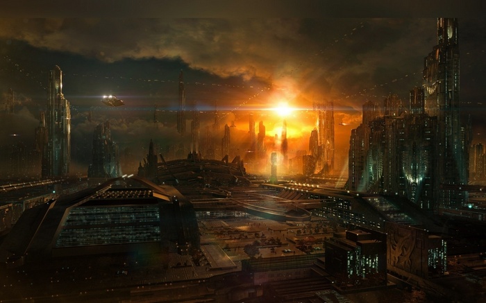 Futuristic city with towering skyscrapers and flying vehicles