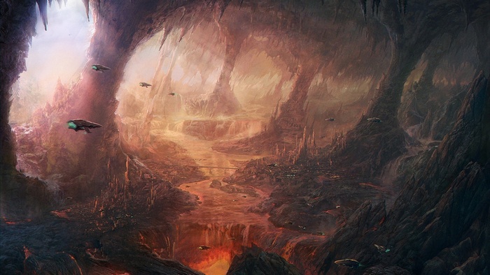 Science fiction artwork of a subterranean alien city with flying vehicles