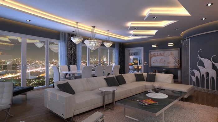 Modern living room with cityscape view