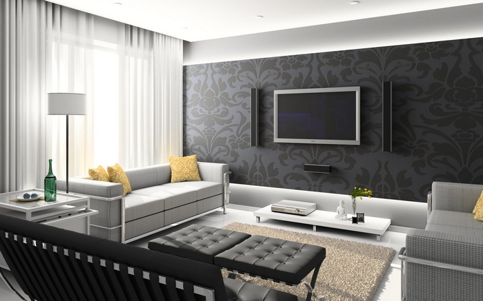 Modern living room with gray sofa and patterned wallpaper
