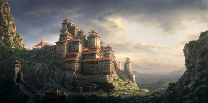 Fantasy monastery on a cliffside with Chinese architecture