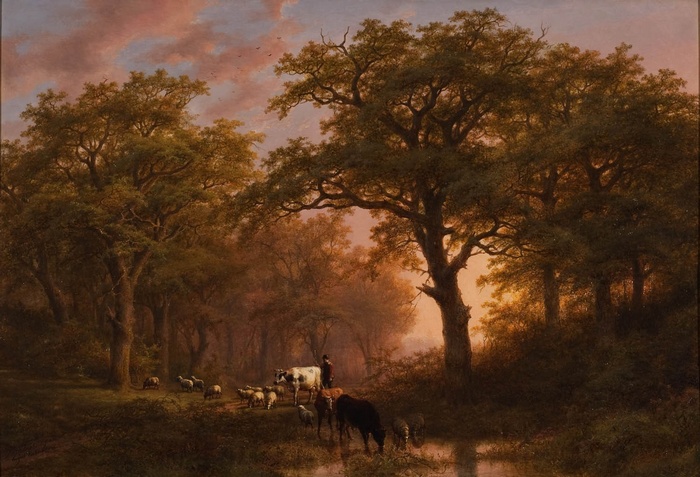 Painting of sheep and cows in a forest at sunset