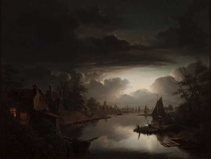 river, classic art, sailboats, cottage, clouds, painting