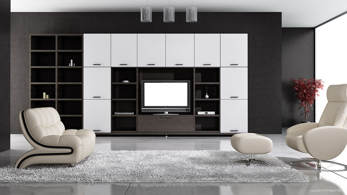 Modern living room with entertainment center and seating