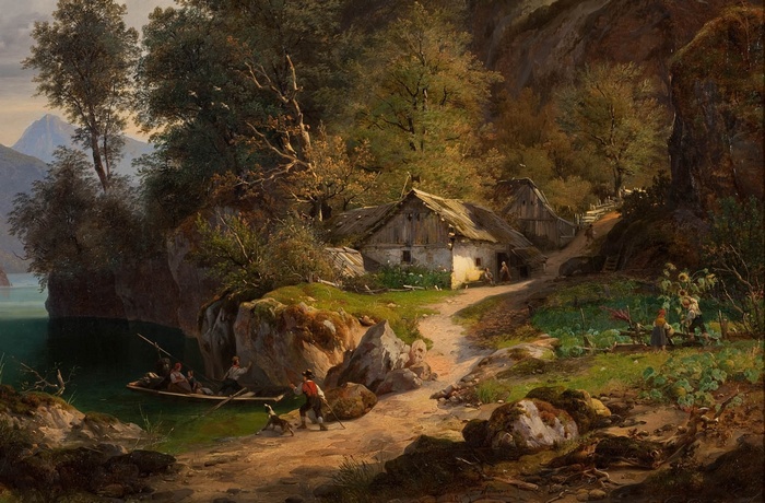Pastoral scene with cottages and a boat on a lake