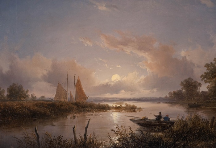 classic art, landscape, boat, painting, clouds
