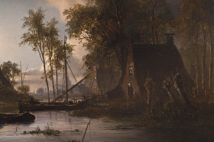 Painting of a river scene with a cottage and boats