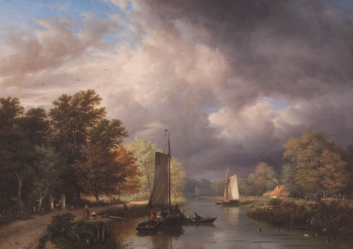 Painting of boats on a river under dramatic clouds