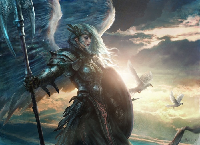 Angel Warrior with Axe and Shield in Sky