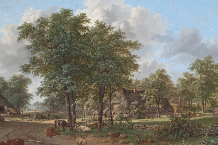classic art, painting, sheep, cow, cottage, pastoral