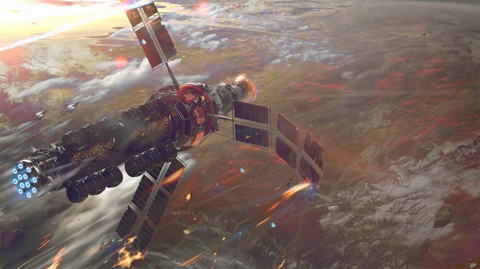 Space station and ships above a damaged planet