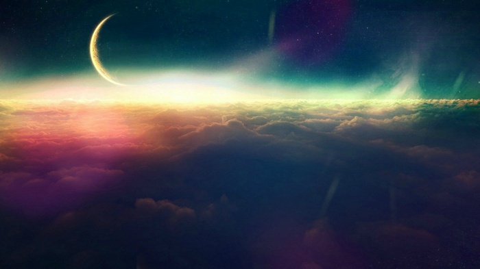 Crescent moon over colorful clouds in space