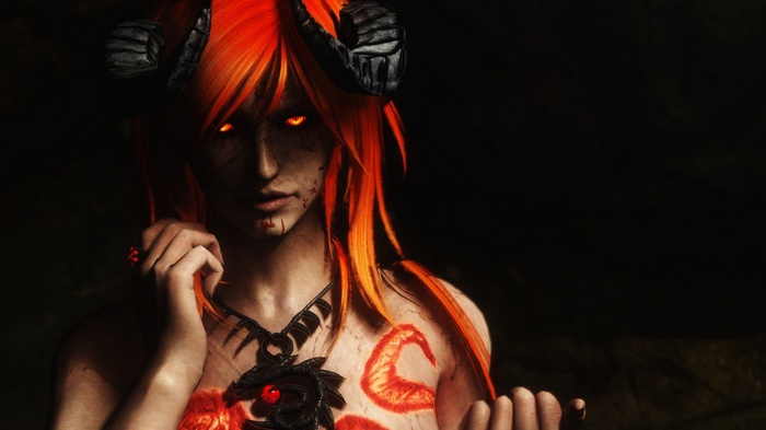 Demon with orange hair and horns in Skyrim
