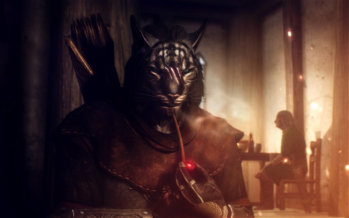 Khajiit smoking a pipe in Skyrim