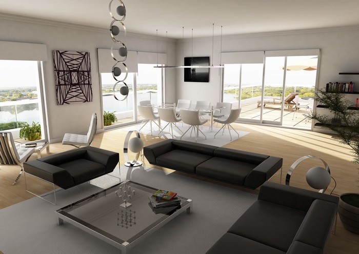Modern living and dining room with large windows