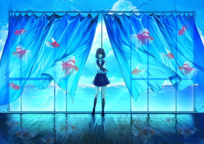 Anime girl in school uniform with goldfish curtains