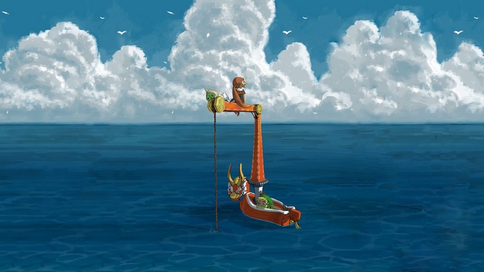 Link and a creature on a boat in the ocean
