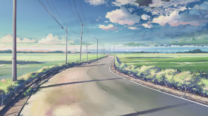 sunlight, power lines, anime, clouds, 5 Centimeters Per Second, road, Makoto Shinkai