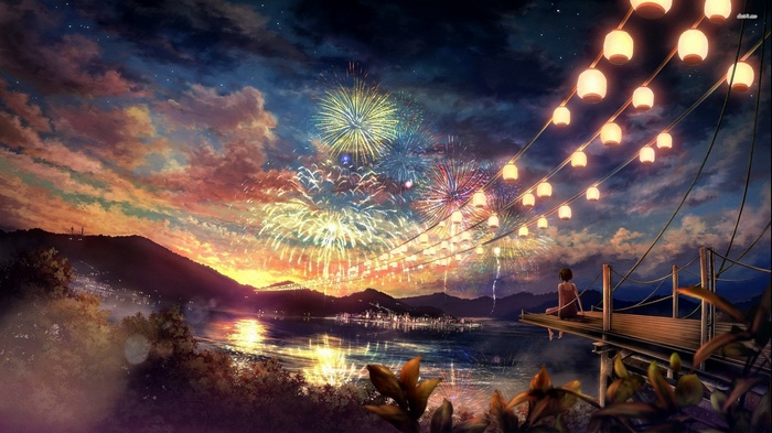 Anime girl watches fireworks over a lake
