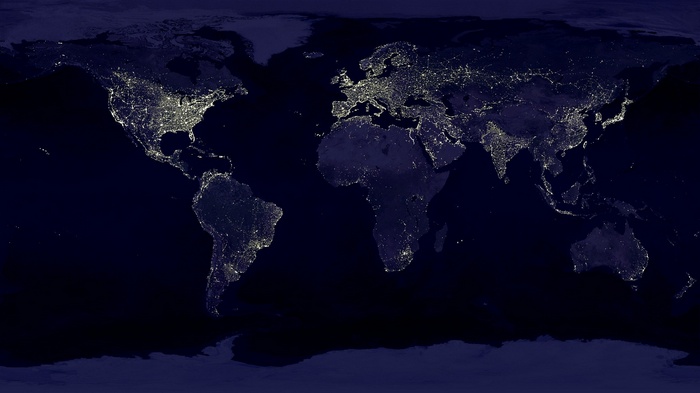 World map at night showing city lights from space