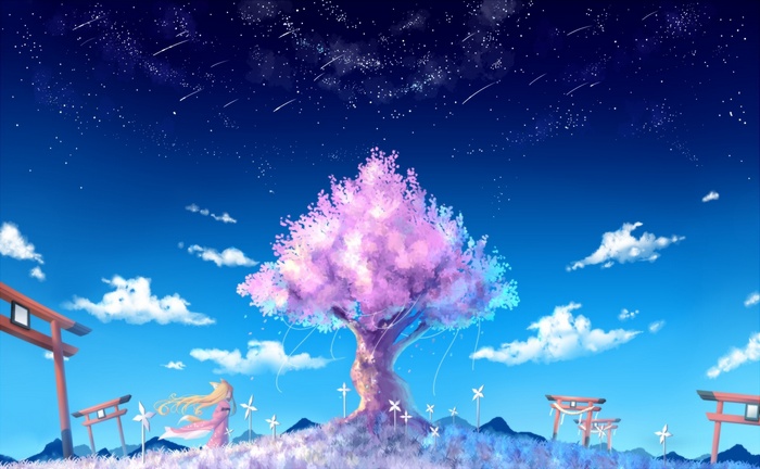 A girl under a pink tree with stars in the sky
