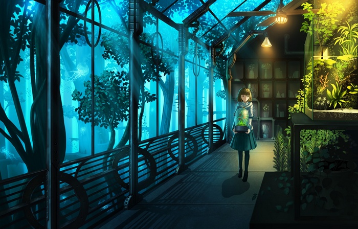 Girl holding a terrarium in a greenhouse with jellyfish