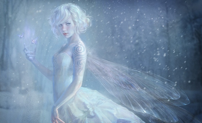 Fantasy art of a fairy with white hair and butterflies