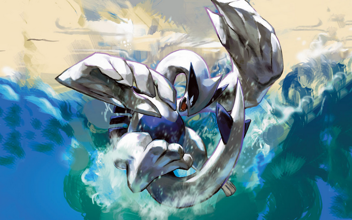 Lugia in the ocean with waves and sky