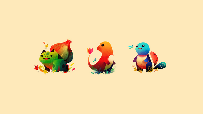 Bulbasaur, Charmander, and Squirtle in minimalist style