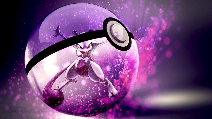 Mewtwo inside a Poké Ball with purple particles