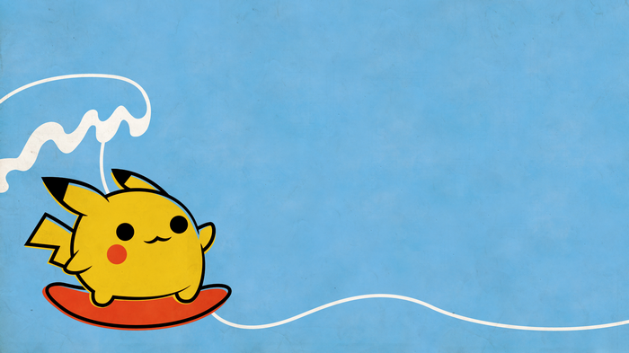Pikachu surfing on a surfboard with a wave