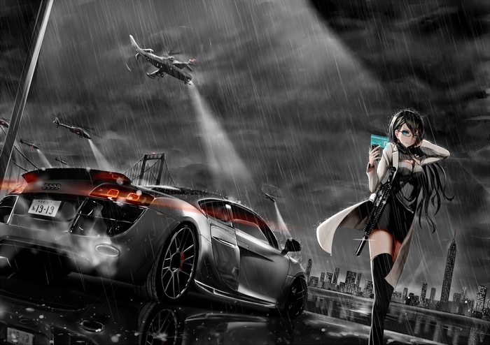 Anime girl with gun and Audi R8 in rain